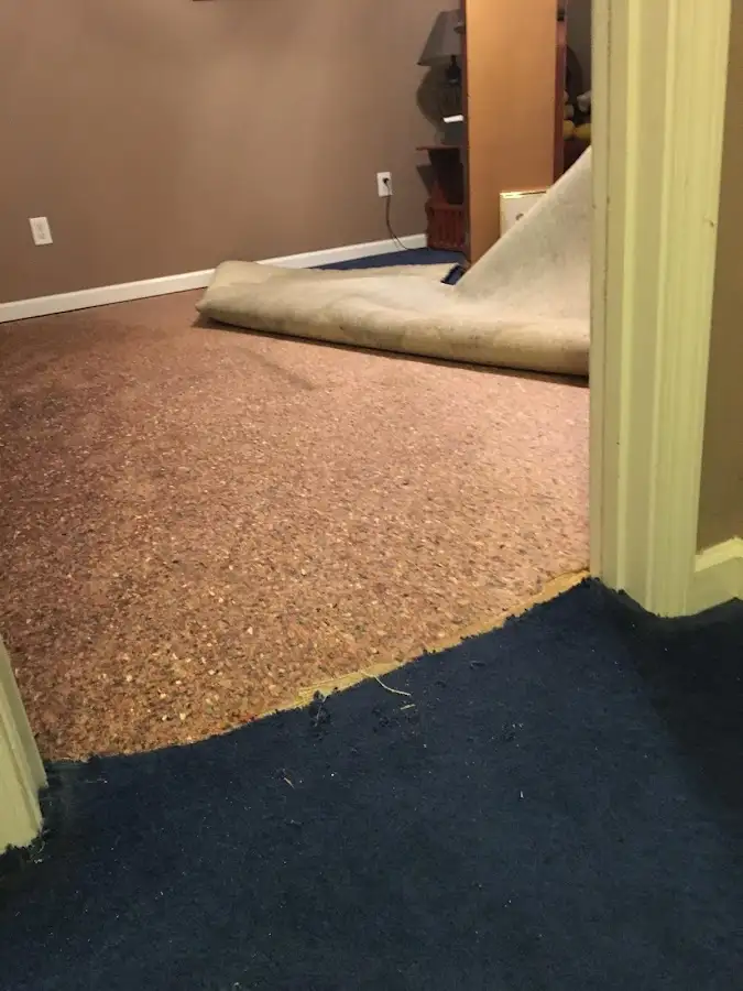 Carpet pad removal revealing water damage during Drying & Dehumidification in Port Huron
